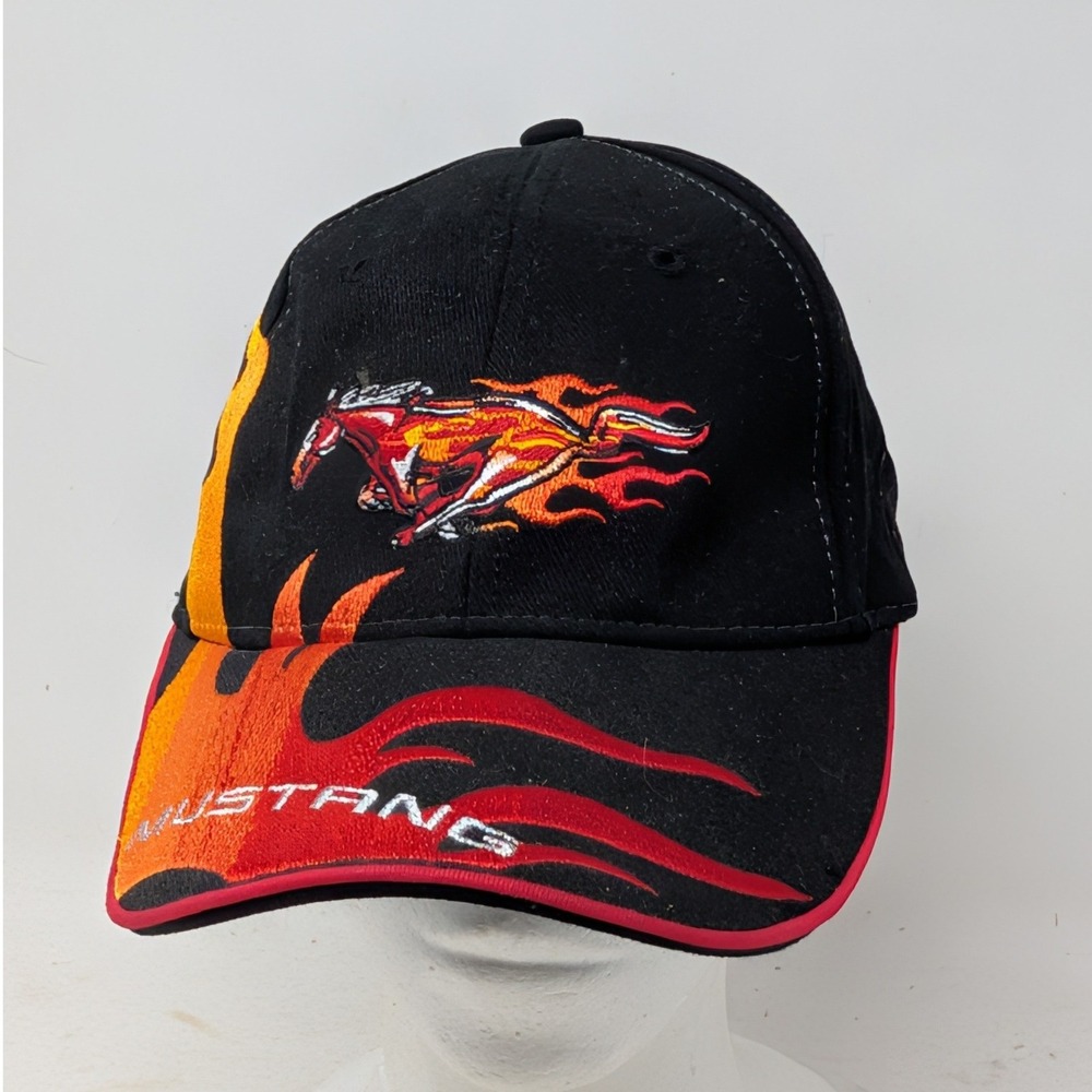 Ford Mustang Flame Baseball Cap Black Red Embroidered Hat Official Licensed